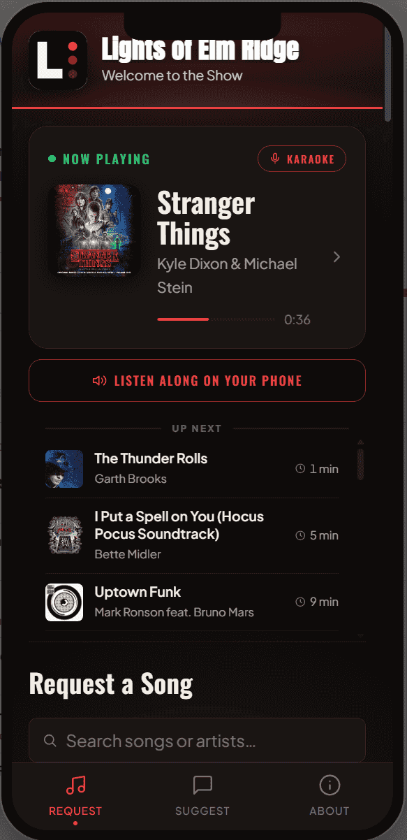 REQ:IQ mobile interface showing now playing, upcoming queue, and song request search