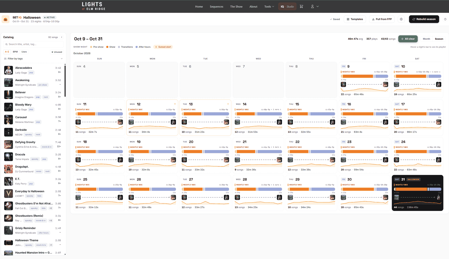 SET:IQ season scheduling interface showing a monthly calendar of show nights with playlist composition and duration analytics
