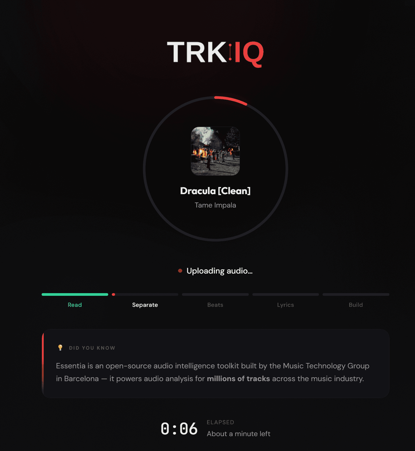 TRK:IQ processing pipeline showing five stages: read, separate, beats, lyrics, build